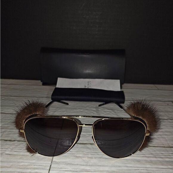 SAINT LAURENT Mink Fur Sunglasses Aviator Classic 11 Shields With Storage Case - Picture 3 of 12